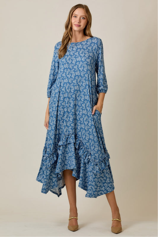 Linda Dress- Blue Paisley Print