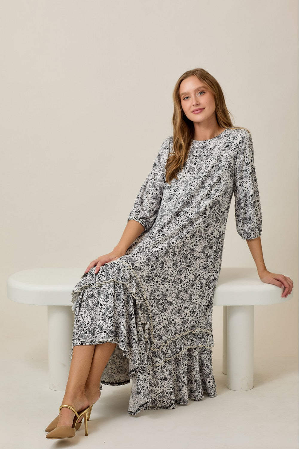 Linda Dress- Ivory/Black Paisley Print