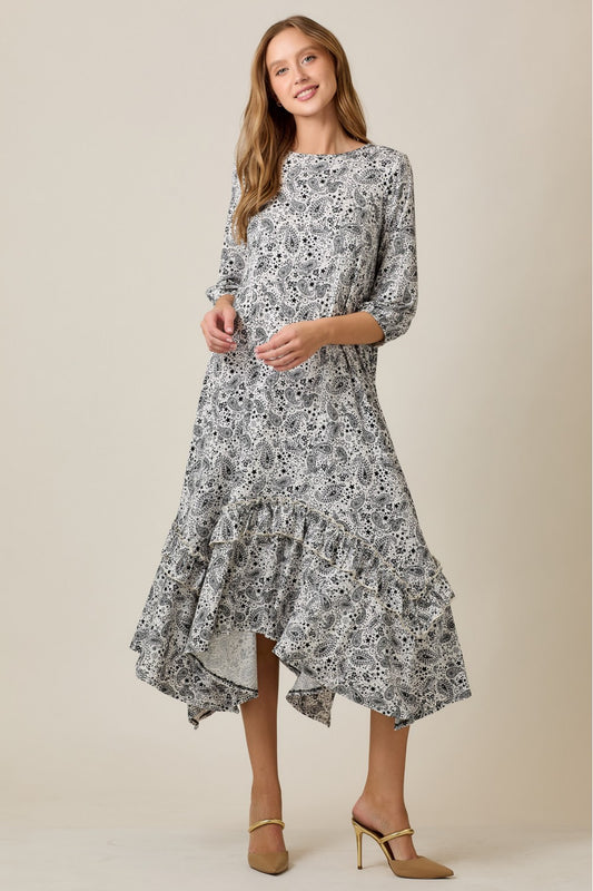 Linda Dress- Ivory/Black Paisley Print