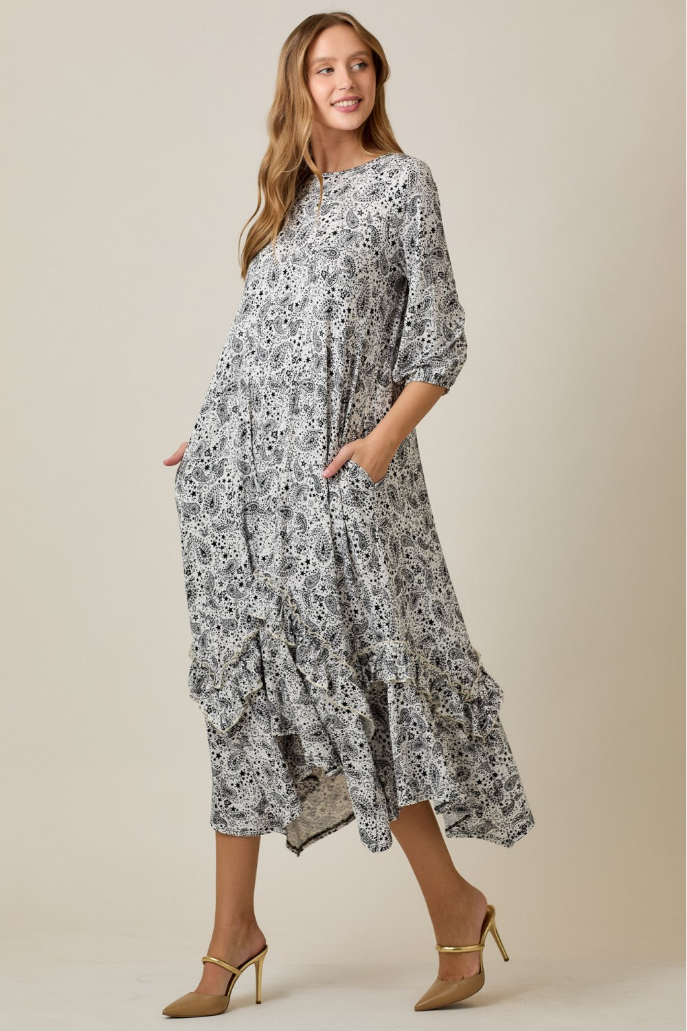 Linda Dress- Ivory/Black Paisley Print