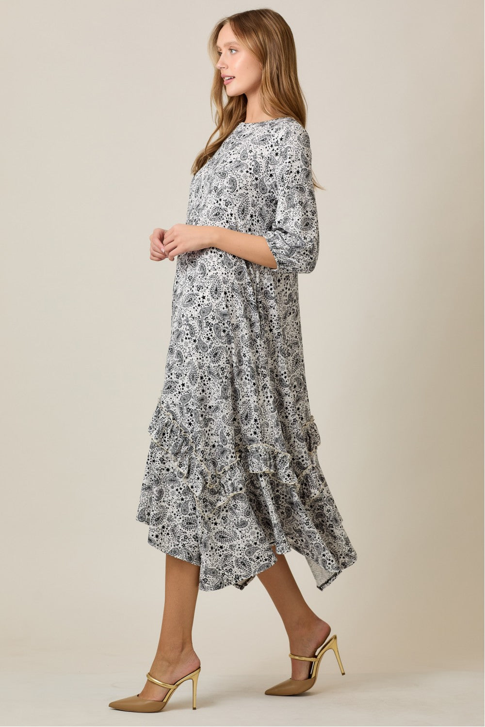 Linda Dress- Ivory/Black Paisley Print