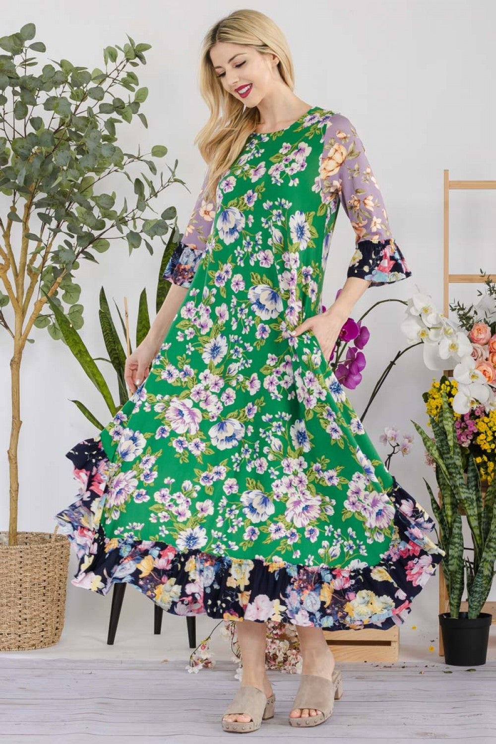 Jeannie Dress- Green Floral Print