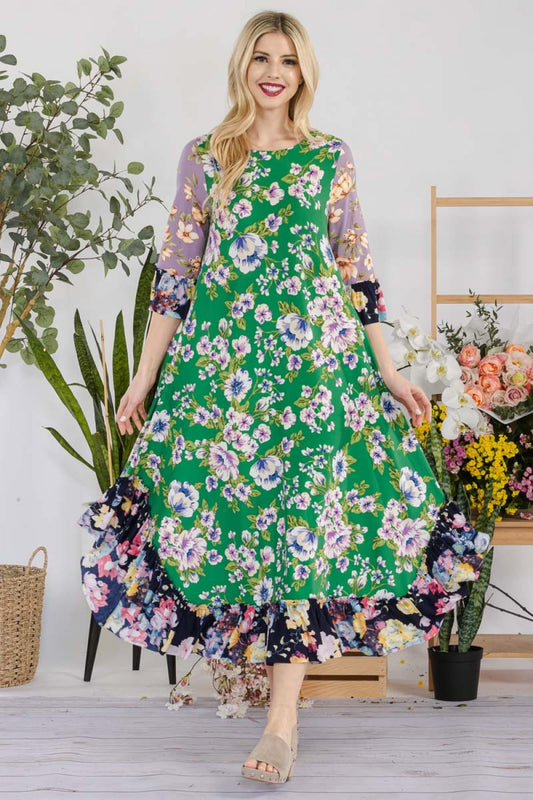 Jeannie Dress- Green Floral Print
